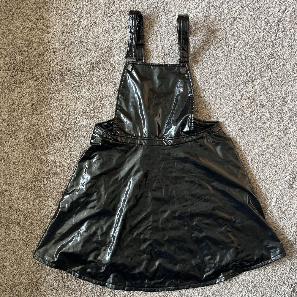 Hot Topic Vinyl Overall Dress Size 0 Black Skirtalls Goth Faux Leather